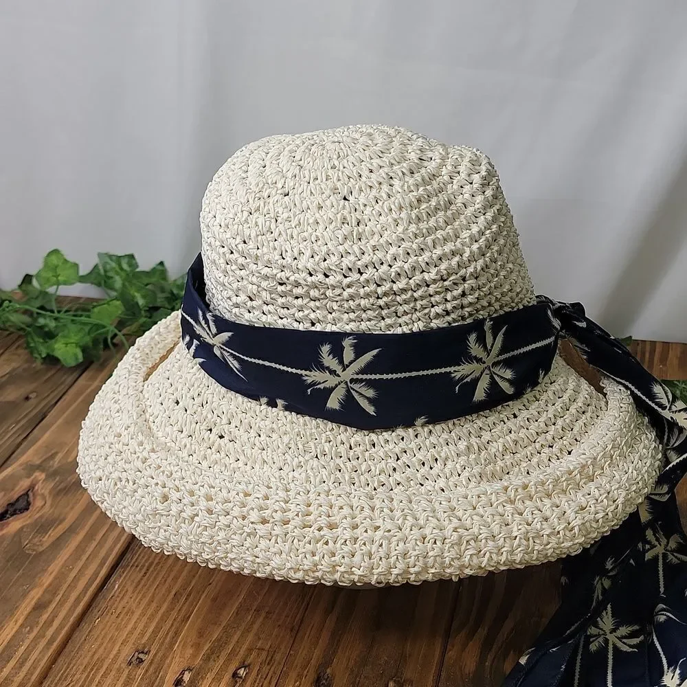 Scala. Chic Straw Hat with Palm Print Band. EUC